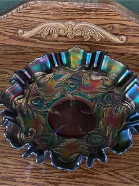 Iridescent Peacock Carnival Glass Ruffled Bowl Vintage Decorative Glass Art
